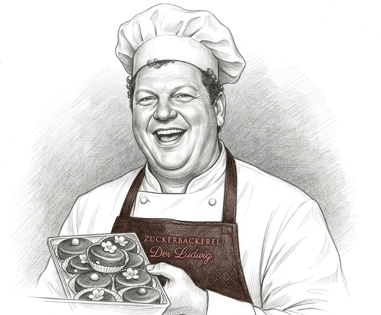 Illustration: Ludwig mit Kochmütze und Schürze hält ein Tablett mit handgemachten Pralinen